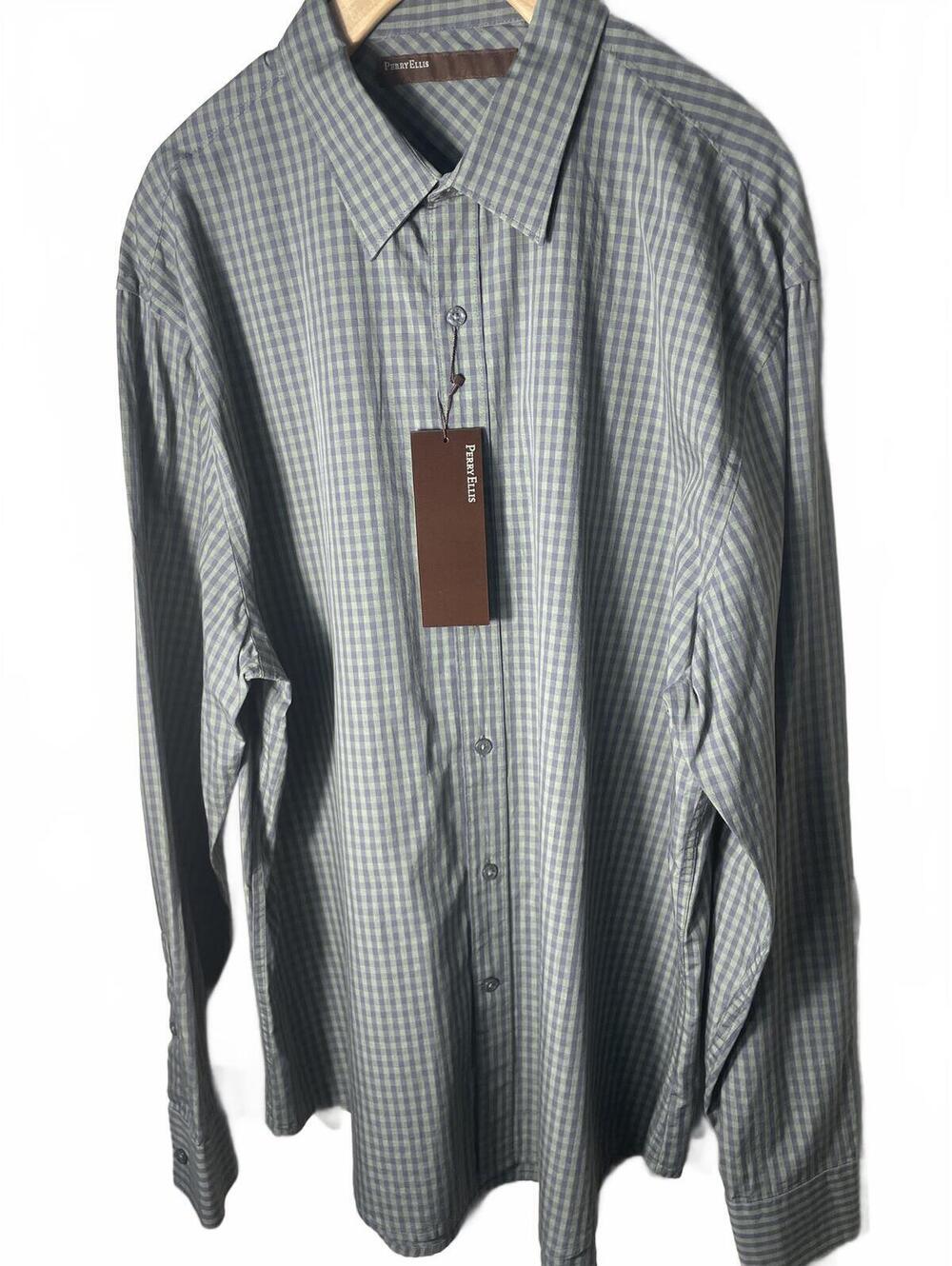 Perry Ellis Men's XL Long Sleeve Plaid Button-Down Shirt Forest Shade Cotton